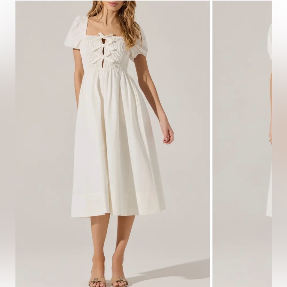 ASTR White Eyelet Midi Dress with Puff Sleeves